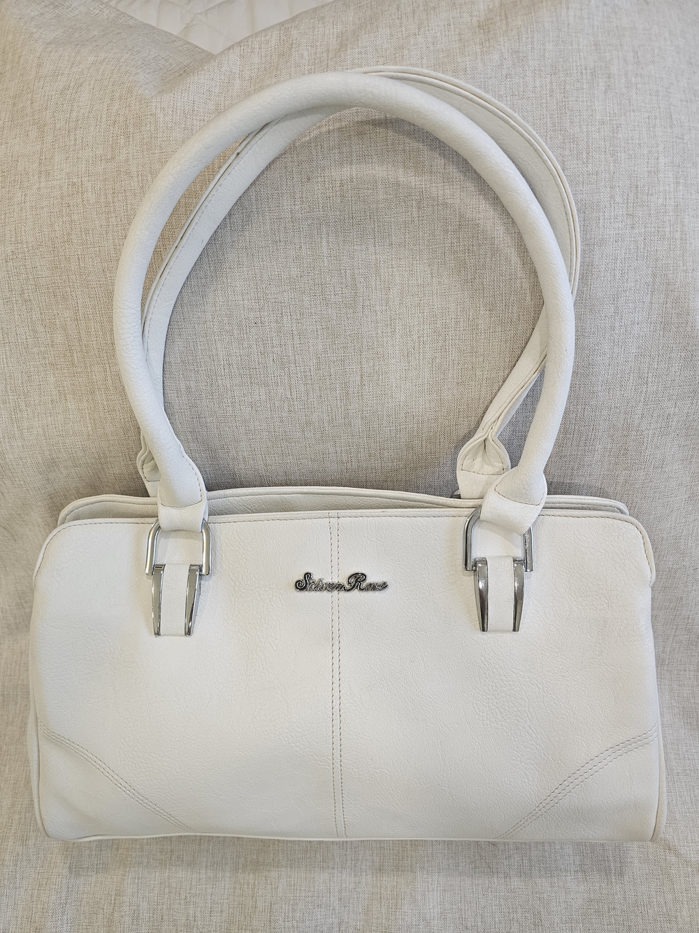 Silver Rose White Leather Shoulder Bag